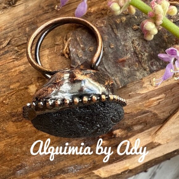 Maximalist brass and lava rock huge cuff style ring - Picture 2 of 2